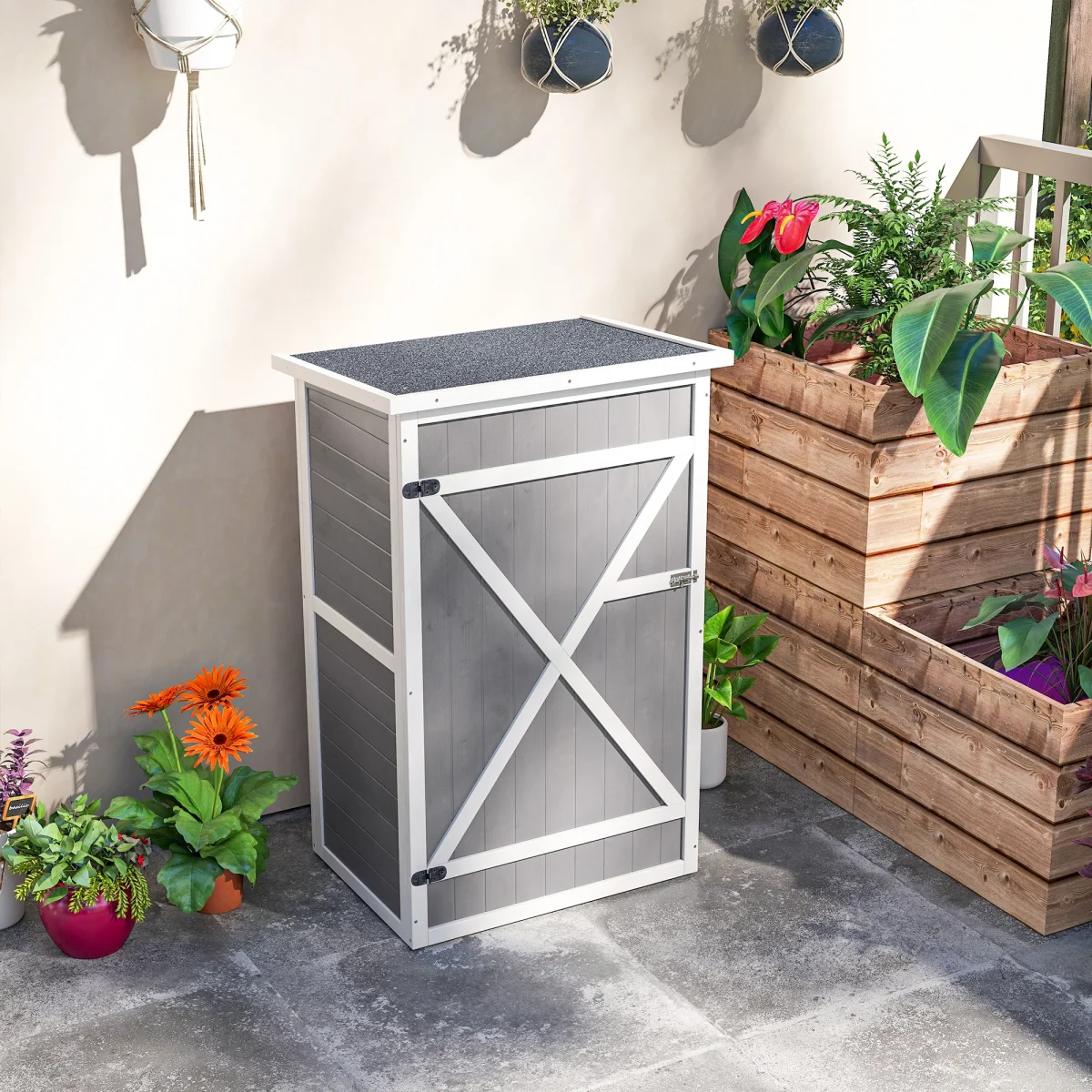 Armário de Jardim de Madeira 75x56x115cm Armário de Jardim para Ferramentas com 3 Prateleiras Interiores Porta com Trava e Teto Asfáltico Cinza - Image 8