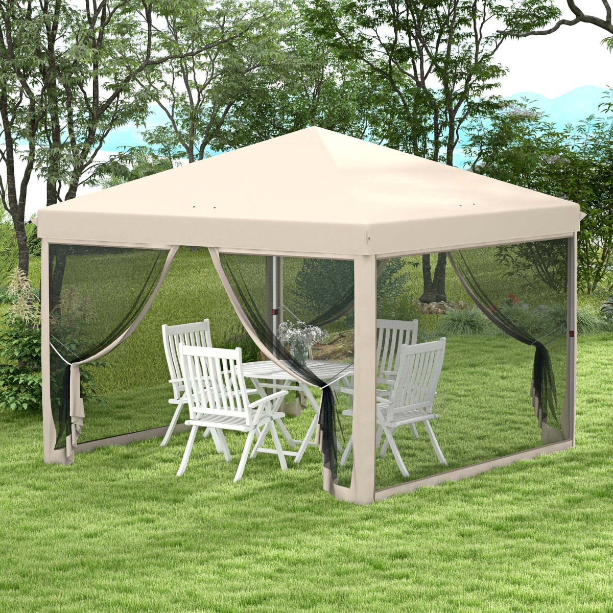 Tenda Dobrável 3x3 para Exterior Tenda Portátil de Jardim com Mosquiteiras Bolsa de Transporte Estrutura de Aço e Tecido Oxford Resistente para Festas Campismo Bege - Image 2