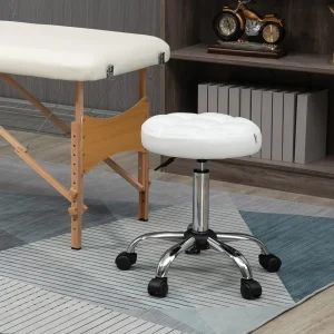 Banco Giratório com Rodas Altura Ajustável entre 48-63cm Banco de Trabalho Estofado em Couro PU para Salão Dentista Diâmetro Ø35,5cm Branco