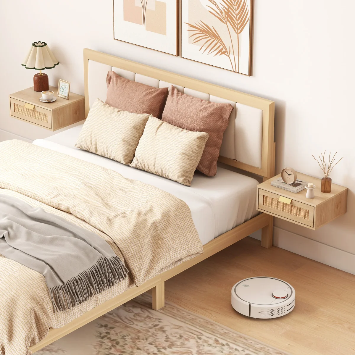 Conjunto de 2 Mesas de Cabeceira Flutuantes Mesas de Cabeceira com Gaveta de Vime Poupa Espaço Design Moderno para Quarto 40x30x15 cm Carvalho