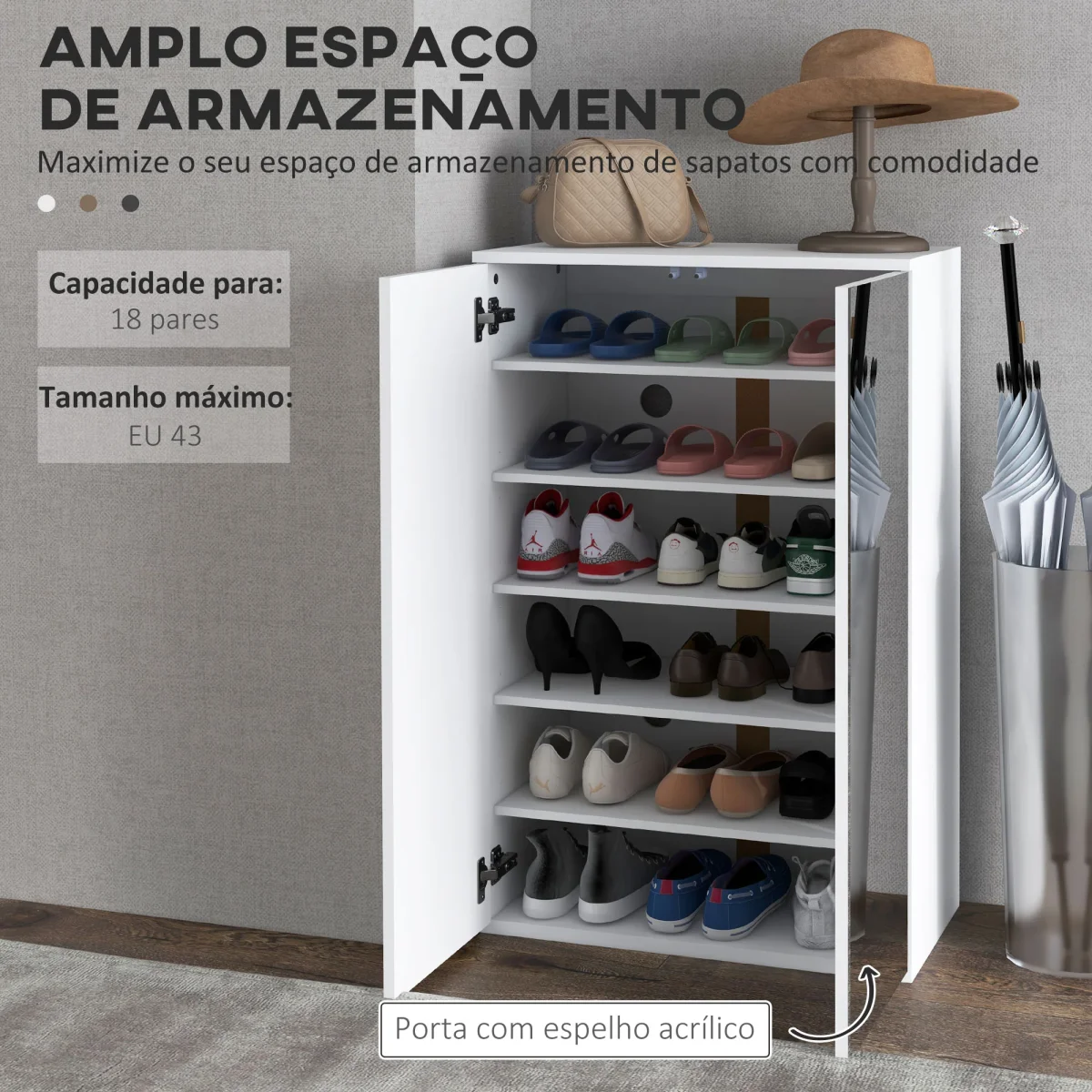 Sapateira com Espelho Móvel Sapateira para 18 Pares de Sapatos com Prateleiras Ajustáveis para Entrada 60x32x95 cm Branco - Image 5
