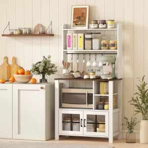 Armário de Cozinha Alto Móvel Auxiliar de Cozinha com 6 Ganchos para Chávenas 2 Portas de Vidro Prateleiras Abertas 80x40x152 cm Branco