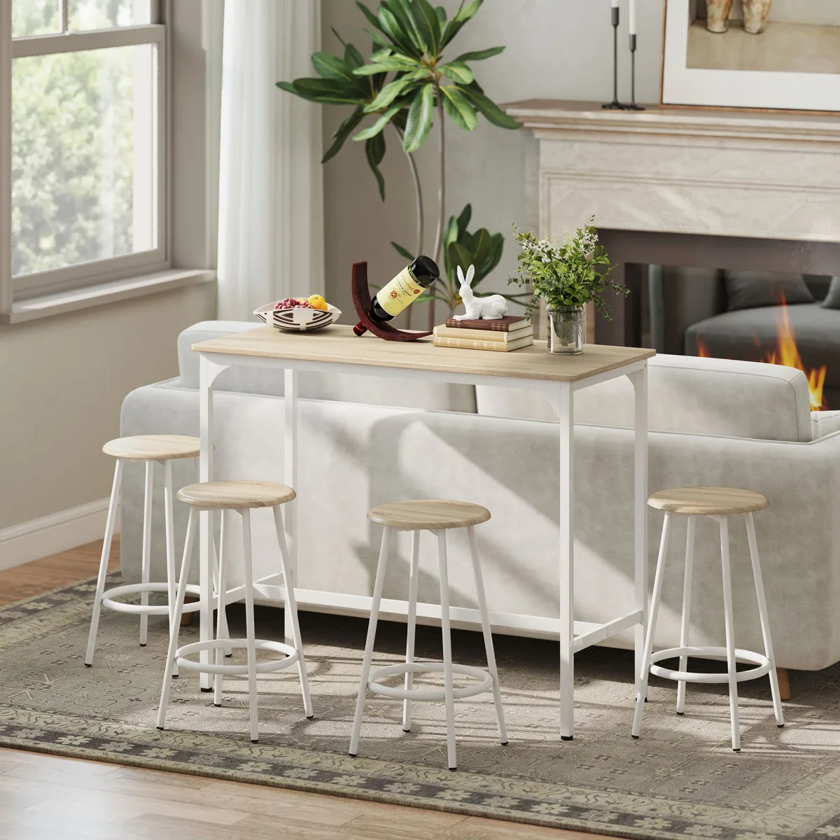 Conjunto de Móveis Altos Mesa e Cadeiras de Bar com 5 Peças Mesa de Refeição Industrial e 4 Bancos Redondos com Estrutura de Metal para Pub Sala de Jantar Madeira e Branco - Image 9