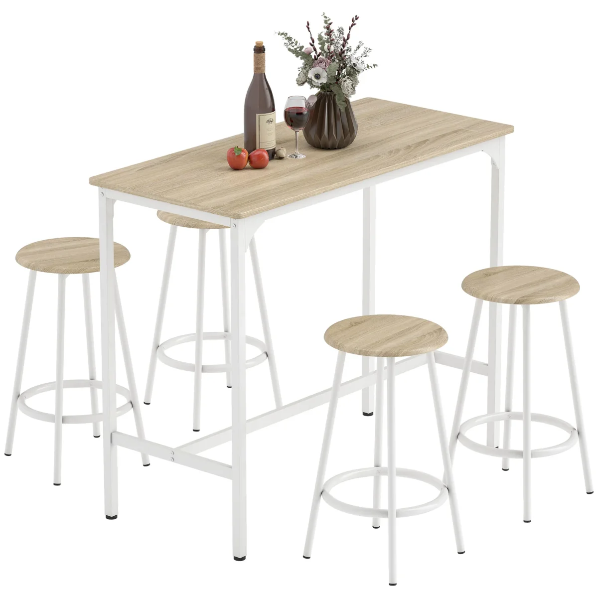Conjunto de Móveis Altos Mesa e Cadeiras de Bar com 5 Peças Mesa de Refeição Industrial e 4 Bancos Redondos com Estrutura de Metal para Pub Sala de Jantar Madeira e Branco - Image 3
