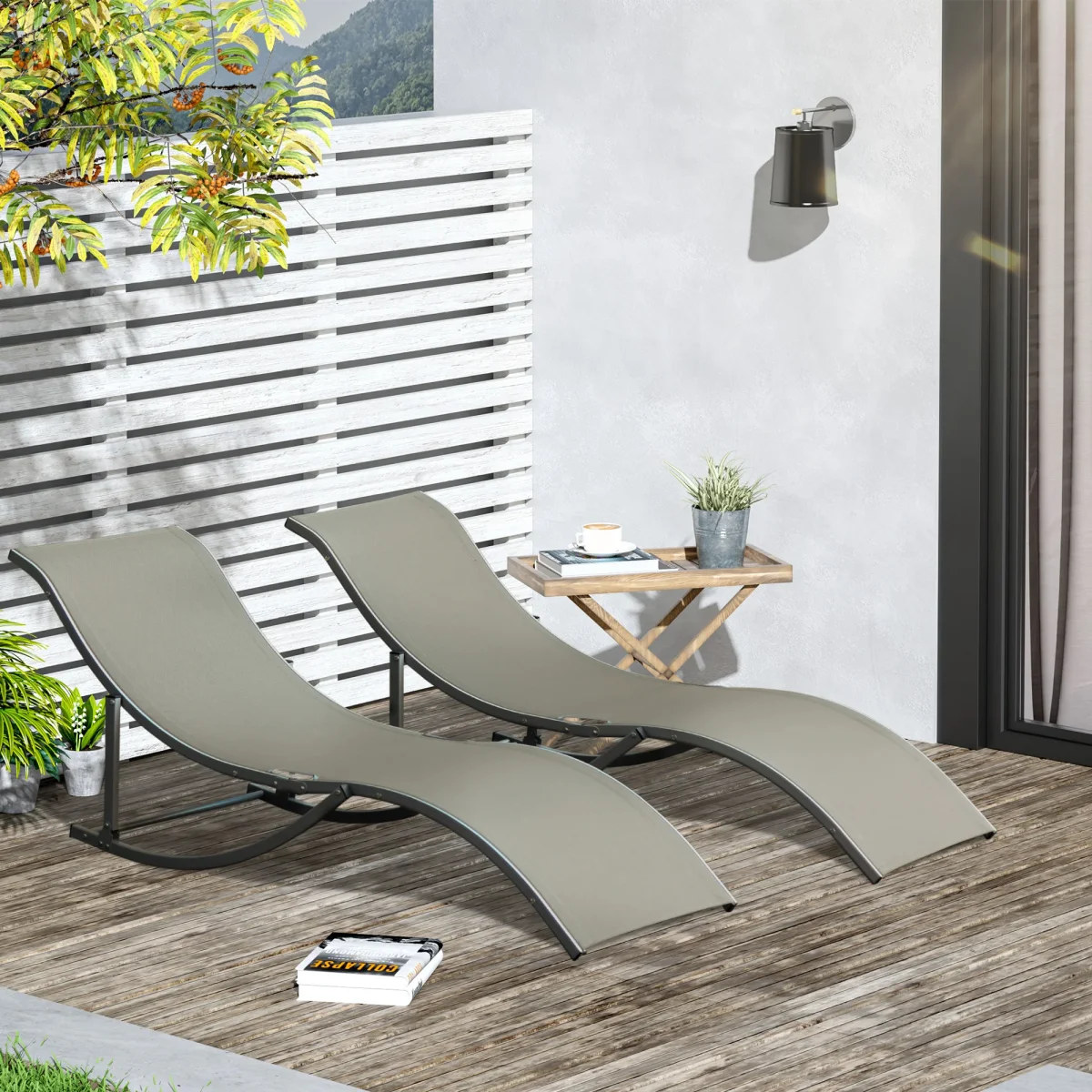 Conjunto de 2 Espreguiçadeiras de Jardim em Forma de S com Estrutura de Aluminio e Textilene para Piscina Pátio Varanda 165x61x63 cm Cinza - Image 2