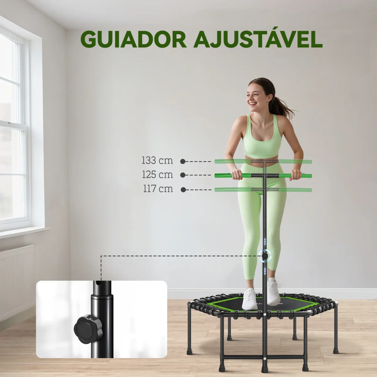 Trampolim Fitness 114x114x132 cm Trampolim Fitness com Guiador Ajustável em 3 Níveis Estrutura de Aço para Treino de Perna Corpo em Casa Escritório Ginásio Verde - Image 5