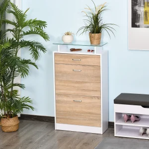 Móvel Sapateira de 2 Portas Sapateira Estreita para 12 Pares de Sapatos com Gaveta Prateleira Aberta e Bancada de Vidro para Corredor Entrada Carga Máx. 50kg 60x24x105,5cm Branco