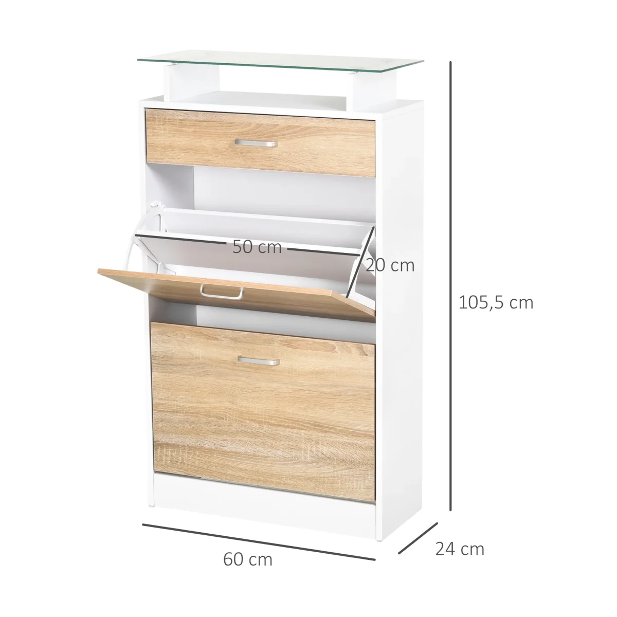 Móvel Sapateira de 2 Portas Sapateira Estreita para 12 Pares de Sapatos com Gaveta Prateleira Aberta e Bancada de Vidro para Corredor Entrada Carga Máx. 50kg 60x24x105,5cm Branco - Image 4