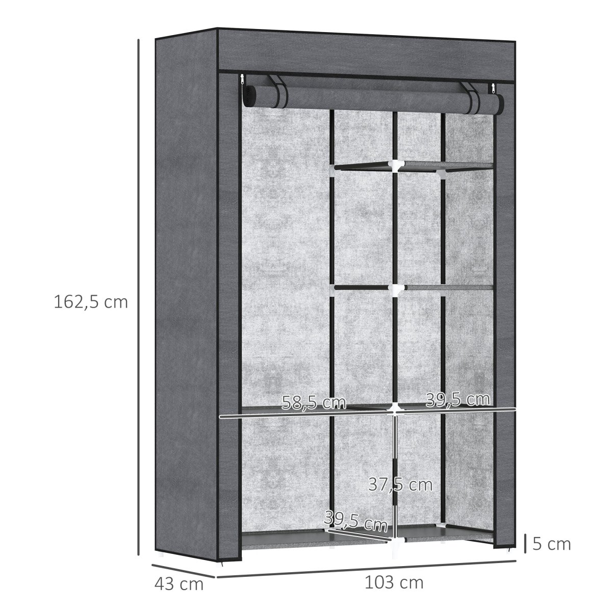 Roupeiro de Tecido Dobrável Armário de Roupa Portátil com 6 Prateleiras e 1 Barra de Pendurar para Dormitório Vestidor 103x43x162,5 cm Cinzento - Image 4