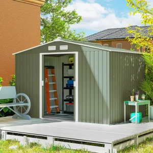 Abrigo de Jardim Exterior Abrigo e Jardim Metálico para Armazenamento de Ferramentas com Base Incluída e 4 Janelas 5,2 m² 277x195x192cm Verde Claro
