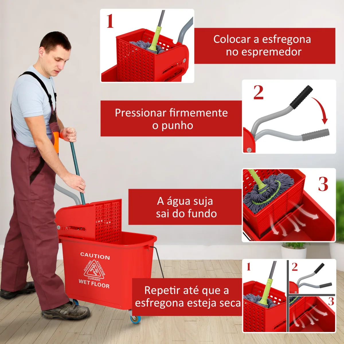 Balde de Limpeza 20L com Rodas e Espremedor Balde para Esfregona com Separador de Água 60x27x70,5 cm Vermelho - Image 7