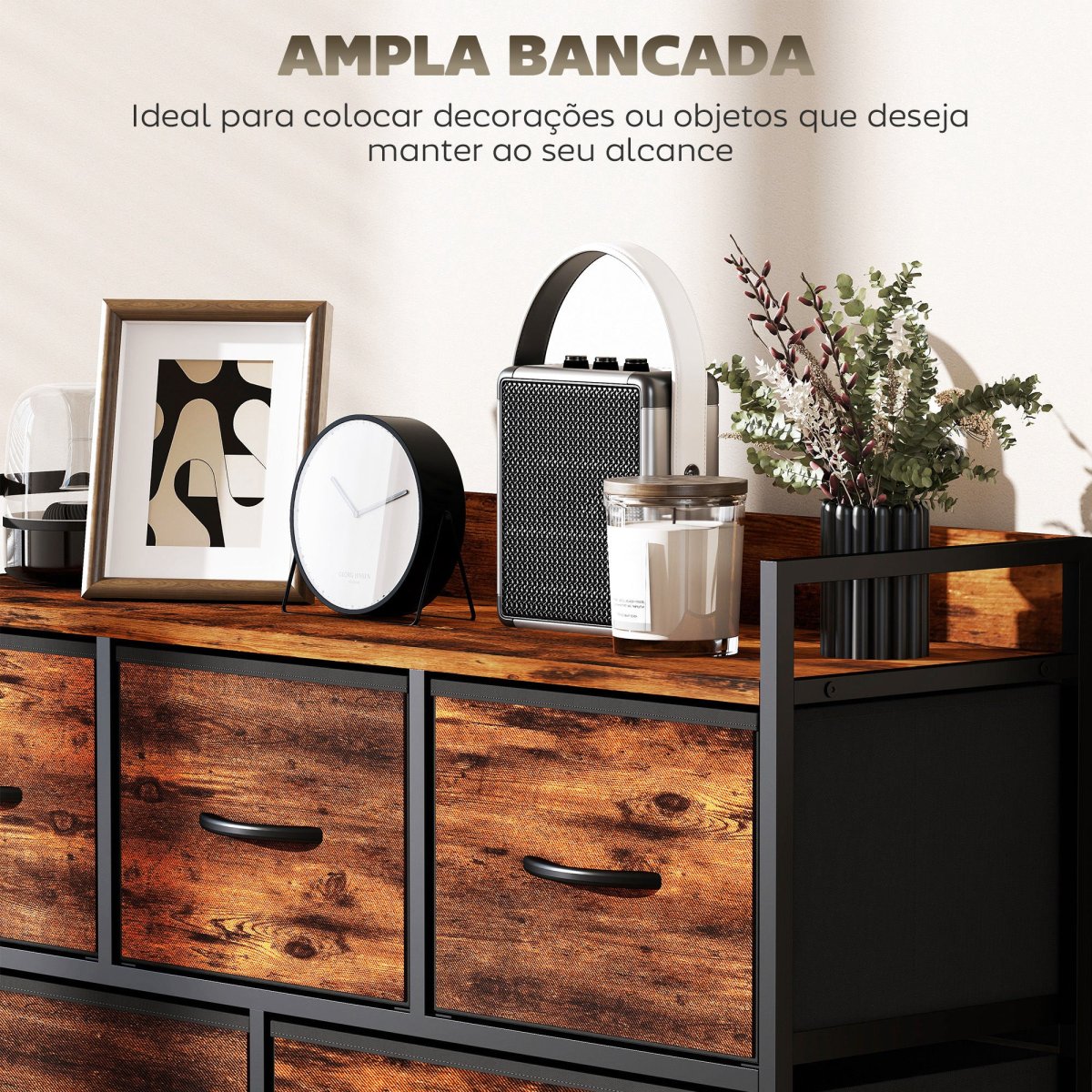 Cómoda com 5 Gavetas de Tecido Cómoda de Estilo Industrial com Estrutura Metálica para Sala de Estar Entrada Quarto 98x29x63 cm Castanho Rústico - Image 6