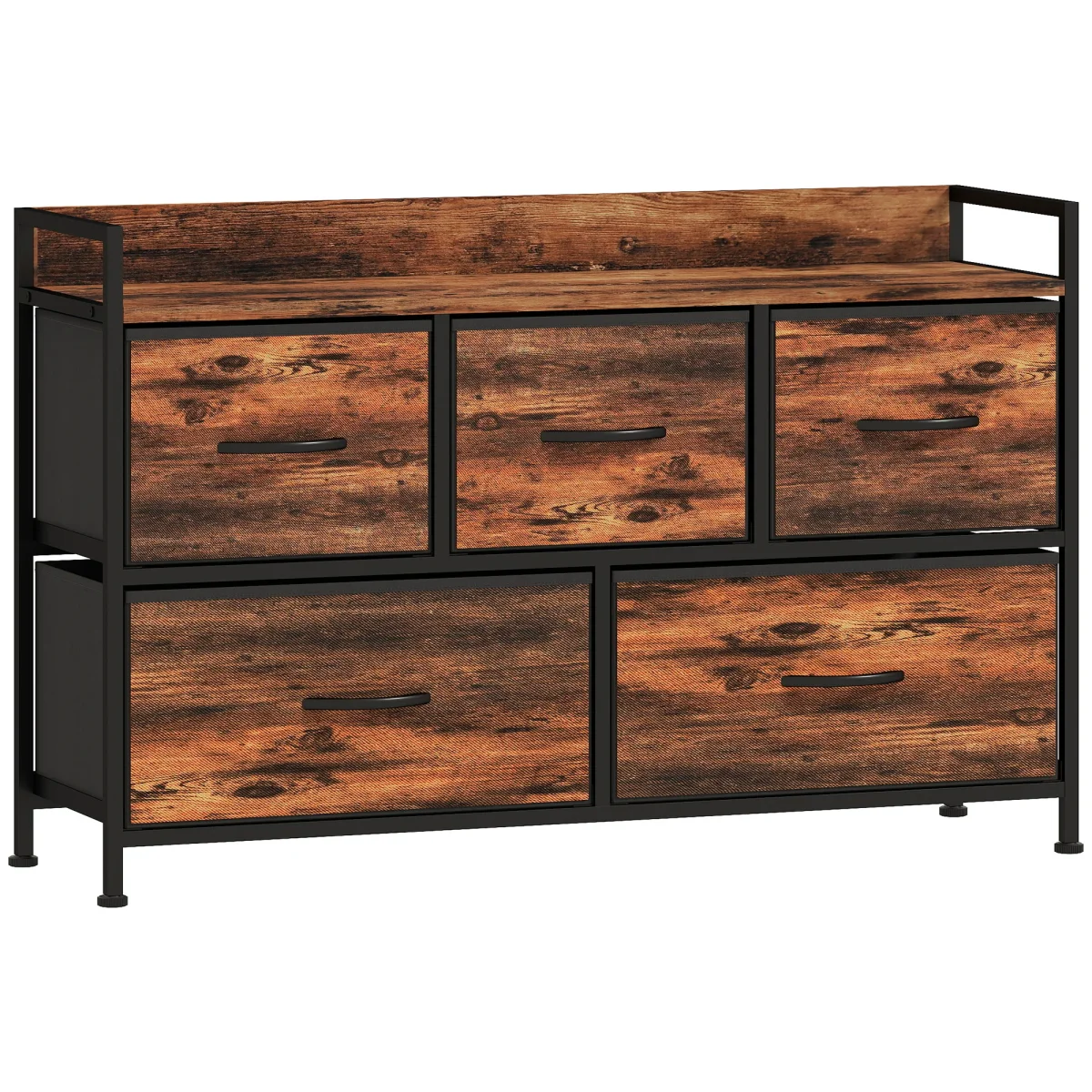 Cómoda com 5 Gavetas de Tecido Cómoda de Estilo Industrial com Estrutura Metálica para Sala de Estar Entrada Quarto 98x29x63 cm Castanho Rústico - Image 3