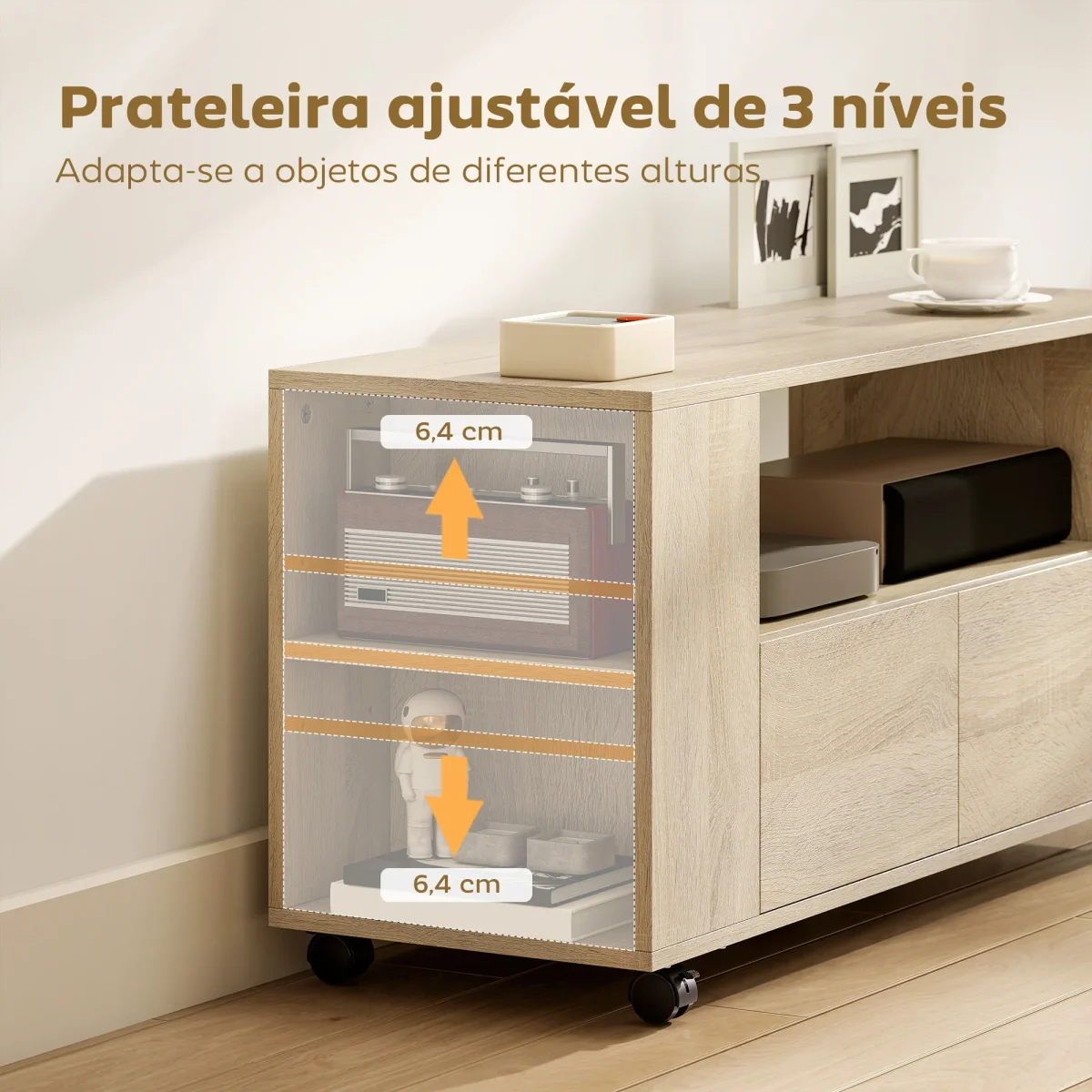 Móvel de TV com Rodas Mesa de TV Móvel Móvel para Televisão até 42 Polegadas com 2 Gavetas Prateleiras Ajustáveis para Sala de Estar Quarto 102x34,5x48,5 cm Madeira - Image 7