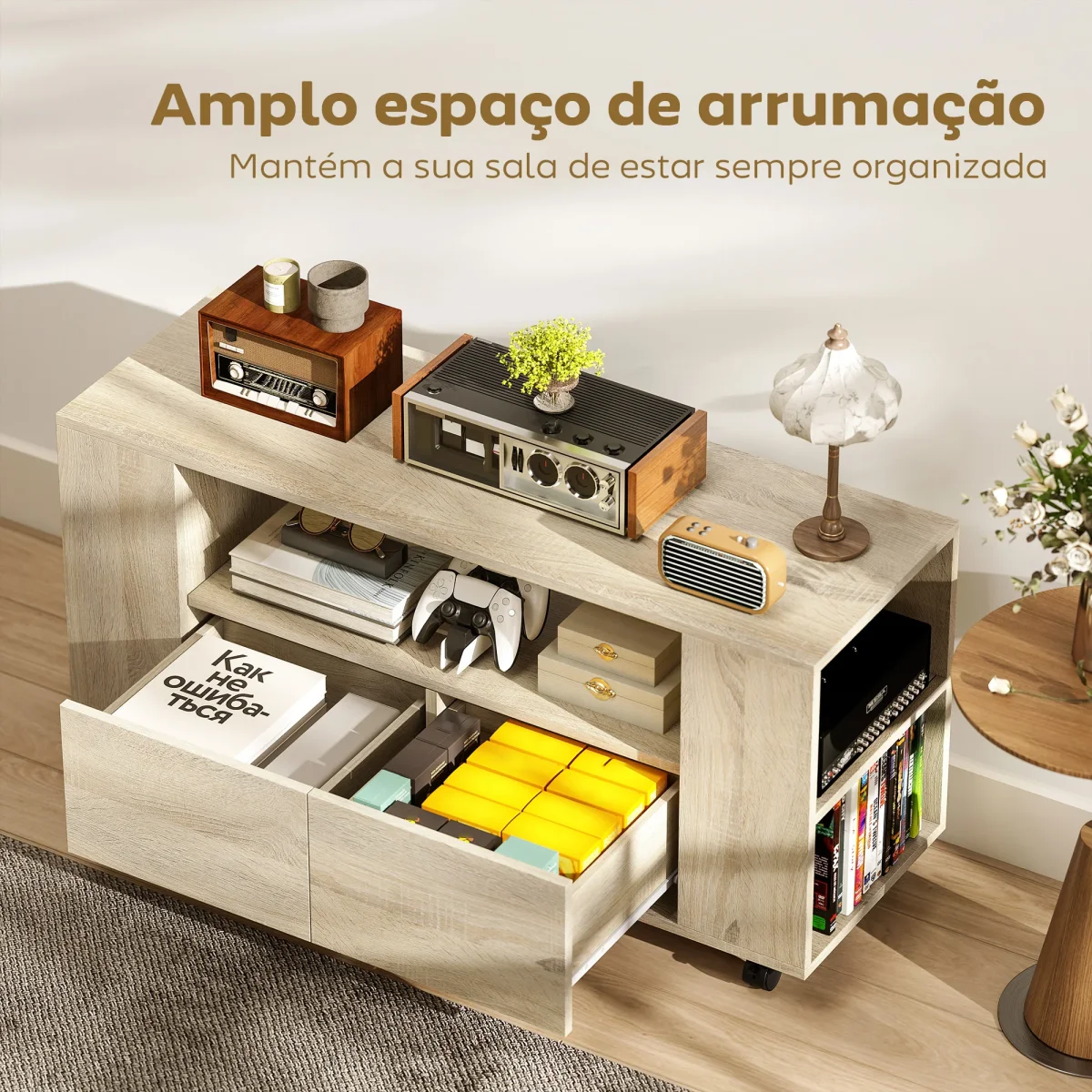 Móvel de TV com Rodas Mesa de TV Móvel Móvel para Televisão até 42 Polegadas com 2 Gavetas Prateleiras Ajustáveis para Sala de Estar Quarto 102x34,5x48,5 cm Madeira - Image 6