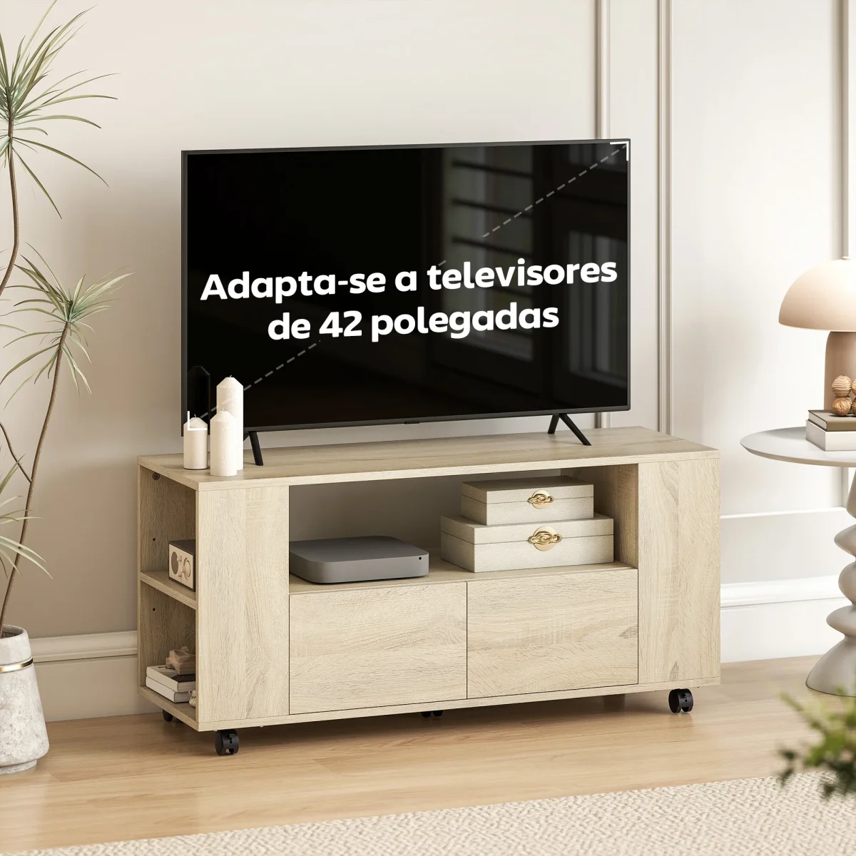 Móvel de TV com Rodas Mesa de TV Móvel Móvel para Televisão até 42 Polegadas com 2 Gavetas Prateleiras Ajustáveis para Sala de Estar Quarto 102x34,5x48,5 cm Madeira - Image 8