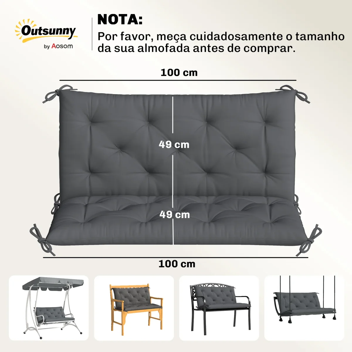 Almofada para Banco com Encosto 100x98x8cm Almofada de Banco de 2 Lugares com 6 Cordões de Fixação para Jardim Terraço Balcão Exterior Cinza - Image 4