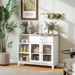 Aparador 2 Portas de Vidro Aparador para Sala Moderno com Gaveta Compartimentos Abertos e Prateleiras Ajustáveis para Sala de Jantar Entrada 100x35x80,3 cm Branco