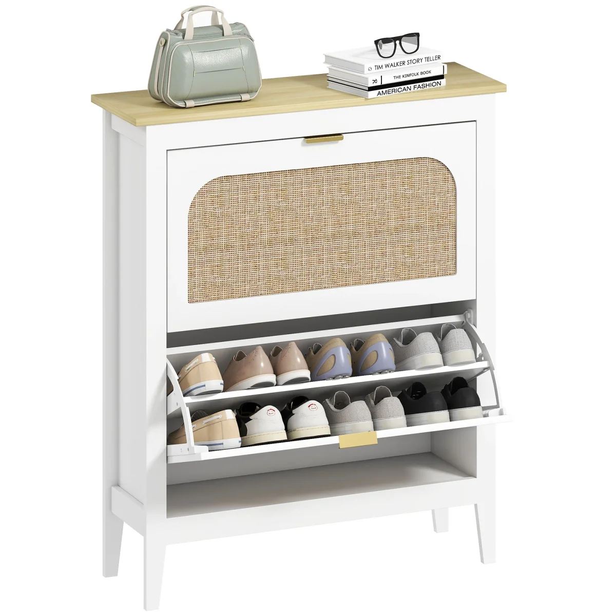 Sapateira Estreita com 2 Portas em Vime Sapateira para Entrada com Prateleiras Ajustáveis para 14 Pares de Sapatos 105x24x95,5 cm Branco - Image 3