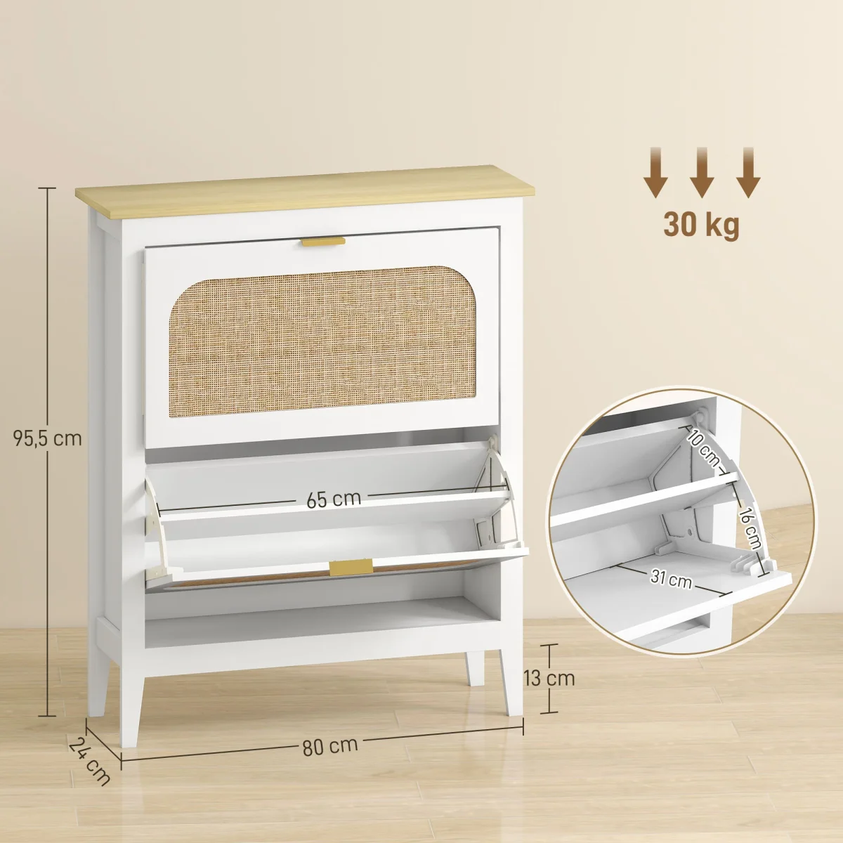 Sapateira Estreita com 2 Portas em Vime Sapateira para Entrada com Prateleiras Ajustáveis para 14 Pares de Sapatos 105x24x95,5 cm Branco - Image 4