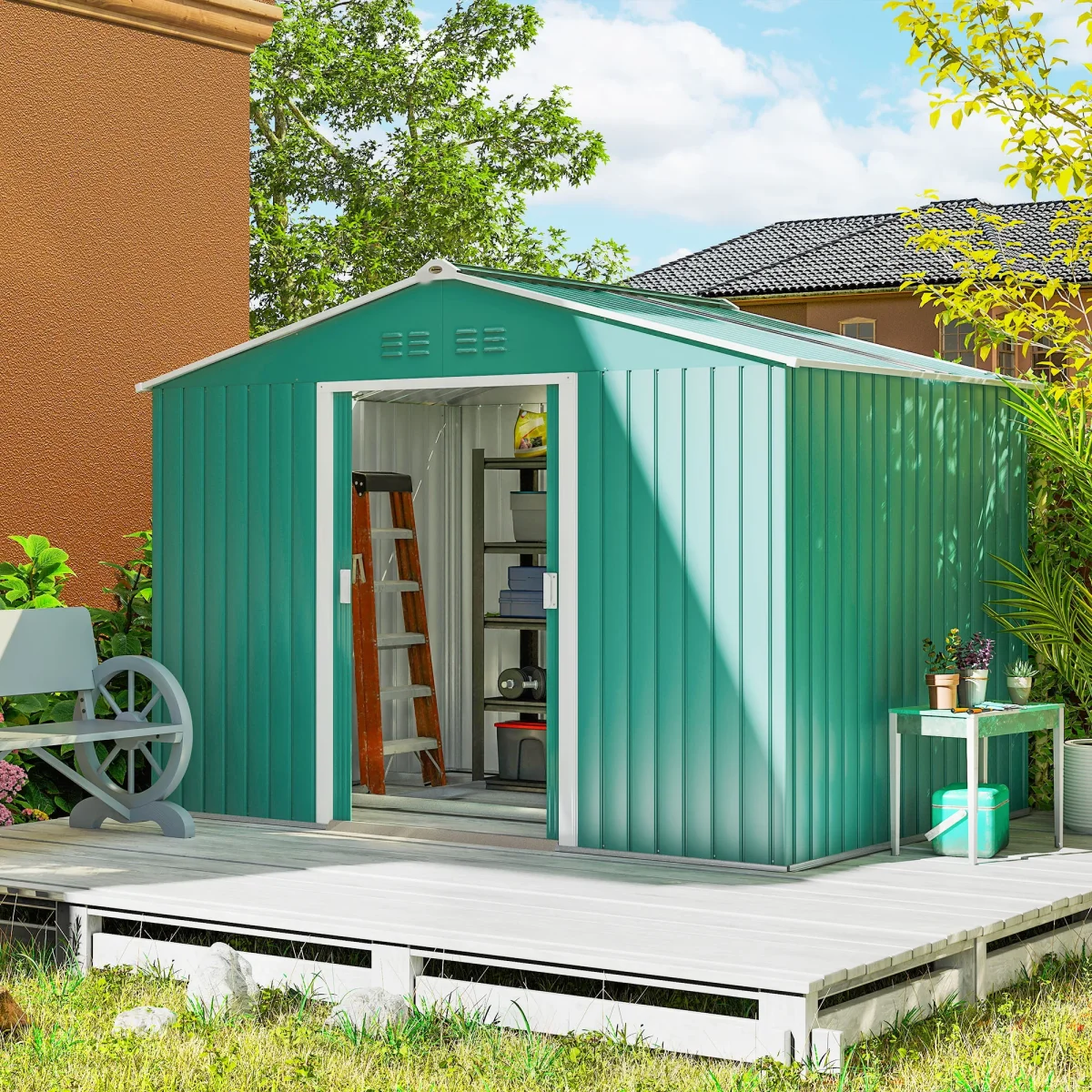 Abrigo de Jardim Exterior 4,9 m² 277x195x192cm Abrigo e Jardim Metálico para Armazenamento de Ferramentas com Base Incluída (Chão não Incluído) e 4 Janelas Verde Escuro - Image 2
