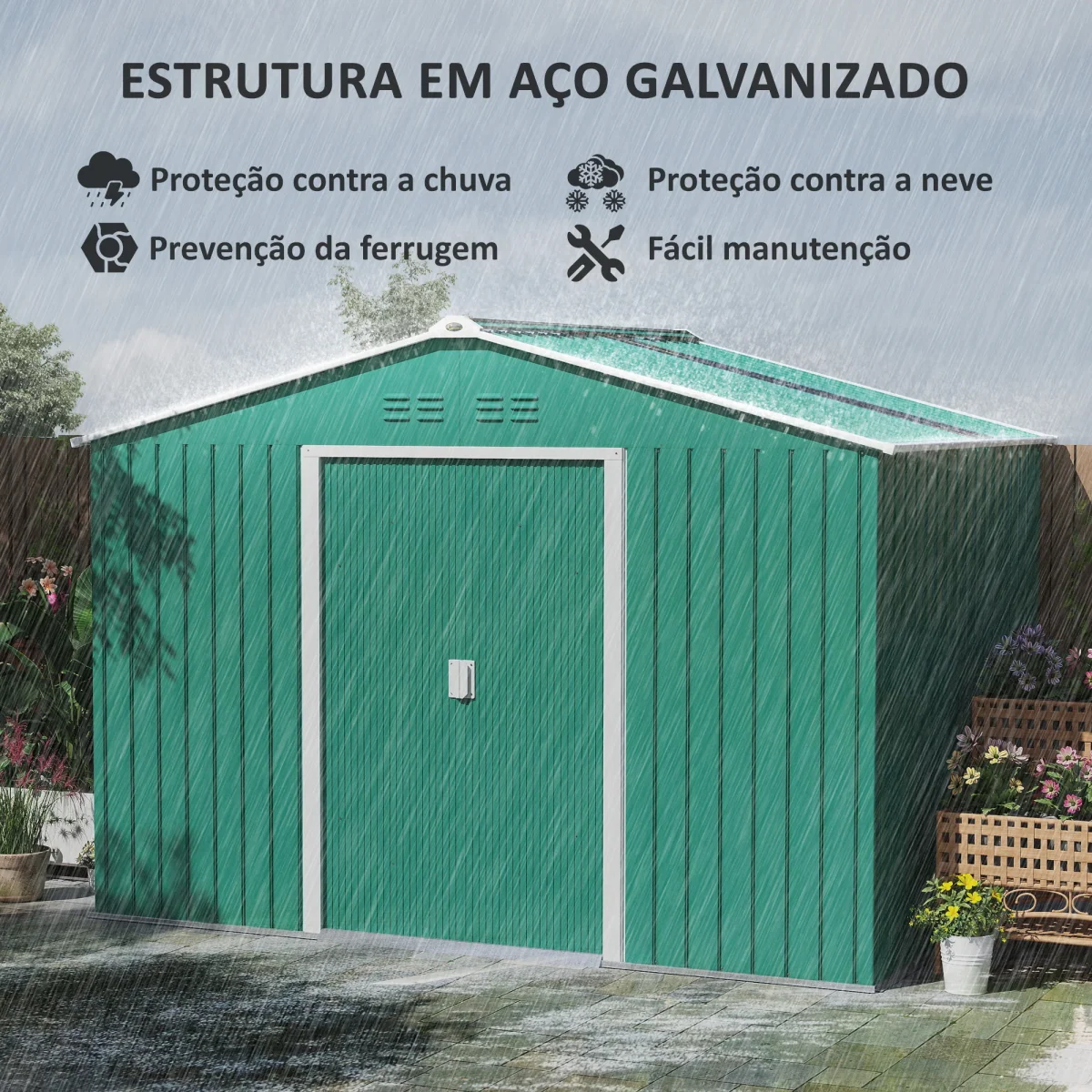 Abrigo de Jardim Exterior 4,9 m² 277x195x192cm Abrigo e Jardim Metálico para Armazenamento de Ferramentas com Base Incluída (Chão não Incluído) e 4 Janelas Verde Escuro - Image 5