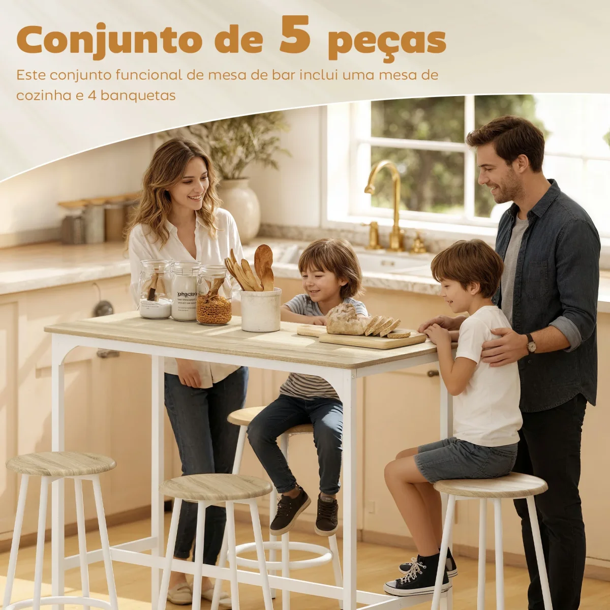 Conjunto de Móveis Altos Mesa e Cadeiras de Bar com 5 Peças Mesa de Refeição Industrial e 4 Bancos Redondos com Estrutura de Metal para Pub Sala de Jantar Madeira e Branco - Image 5
