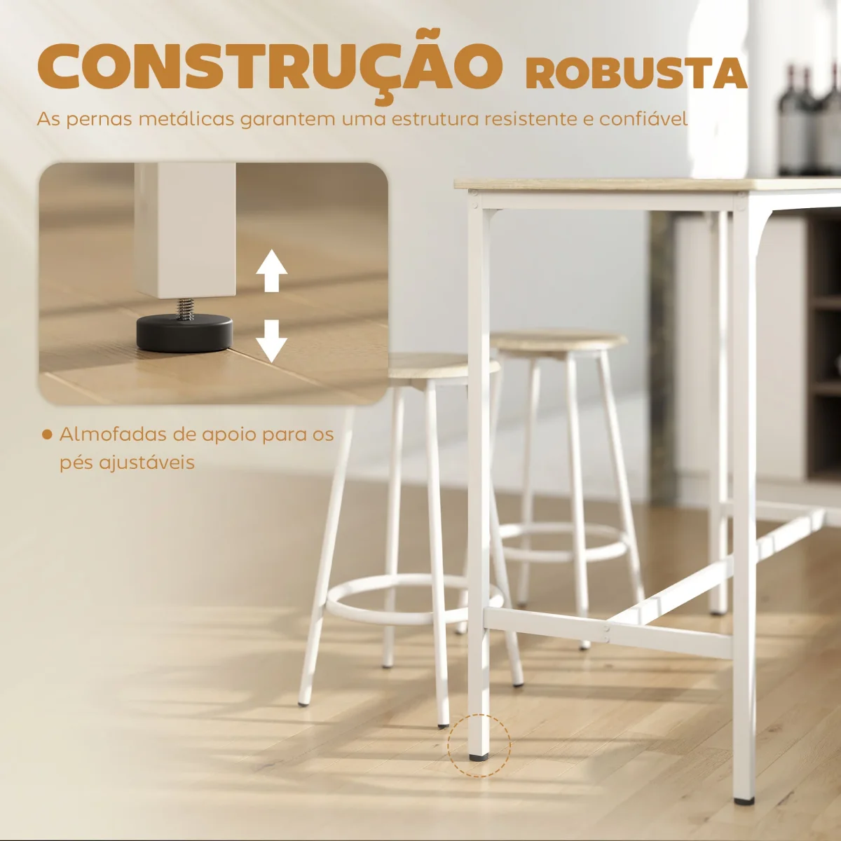 Conjunto de Móveis Altos Mesa e Cadeiras de Bar com 5 Peças Mesa de Refeição Industrial e 4 Bancos Redondos com Estrutura de Metal para Pub Sala de Jantar Madeira e Branco - Image 7