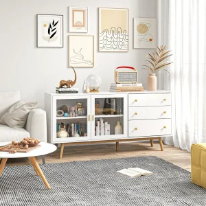 Aparador de Cozinha Moderno Aparador de Sala de Estar com 2 Portas de Vidro 3 Gavetas e Pés de Madeira de Borracha para Sala de Jantar 160x40x80 cm Branco e Madeira