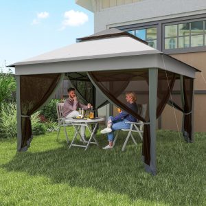 Tenda Dobrável 3,26x3,26x2,72 m Tenda de Jardim com Duplo Teto Altura Ajustável 4 Painéis de Malha Proteção UV30+ e Bolsa de Transporte para Festas Campismo Cinza
