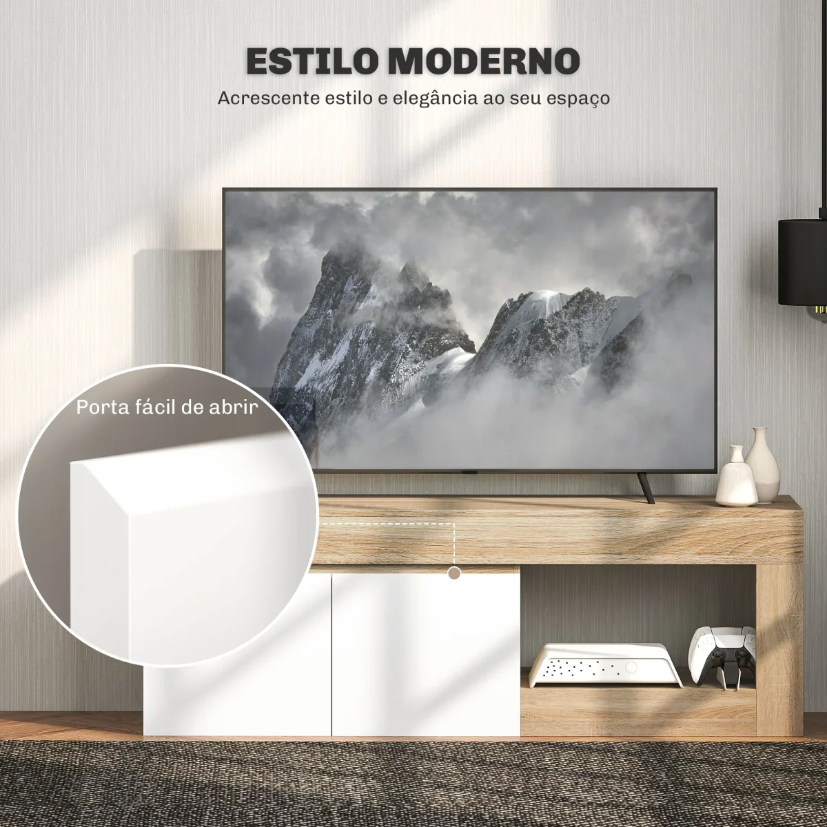 Móvel de TV Mobiliário de TV com 2 Portas Prateleira Aberta Móvel de TV de Sala de Estar para Televisóres de 60 Polegadas 140x40x48 cm Branco e Madeira - Image 5