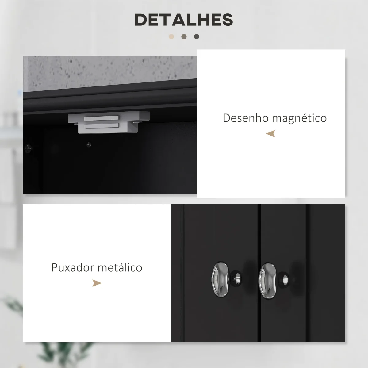 Armário de Parede para Casa de Banho Armário Suspenso de Casa de Banho com 2 Portas Prateleira Aberta e 2 Gavetas Estilo Moderno 50,8x17,8x66 cm Preto - Image 7