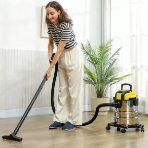 Aspirador Seco e Húmido 3 em 1 1200W com Função de Soprador Mangueira 2 m Depósito Inoxidável 20L Triplo Filtro Bocal para Pisos e Fendas 48x48x48,5 cm Amarelo