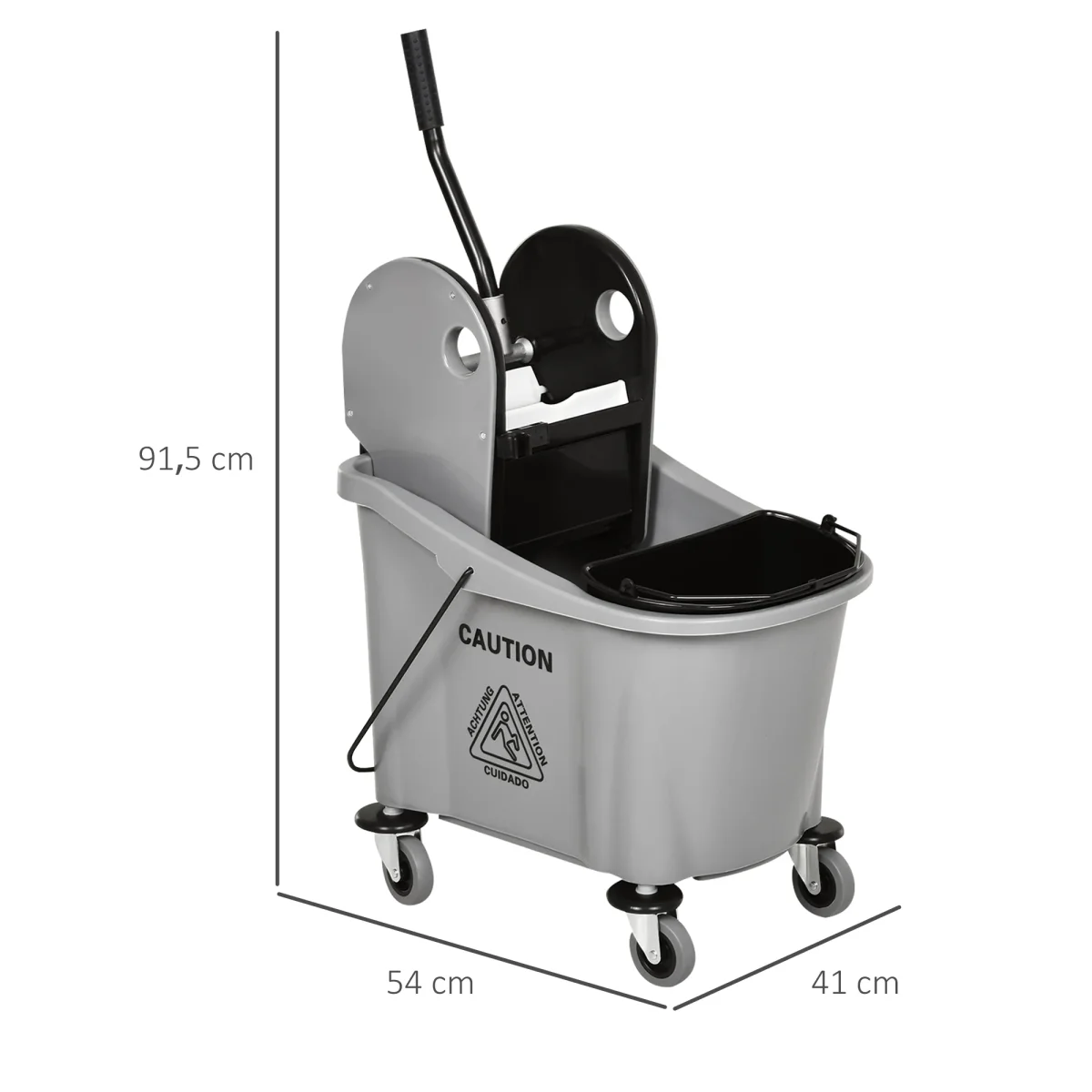 Balde de Esfregona Comercial Balde de Esfregona com Espremedor de Pressão para Baixo Capacidade 36L com 4 Rodas Silenciosas 2 Cubetas Separadas 54x41x91,5 cm Cinza - Image 4