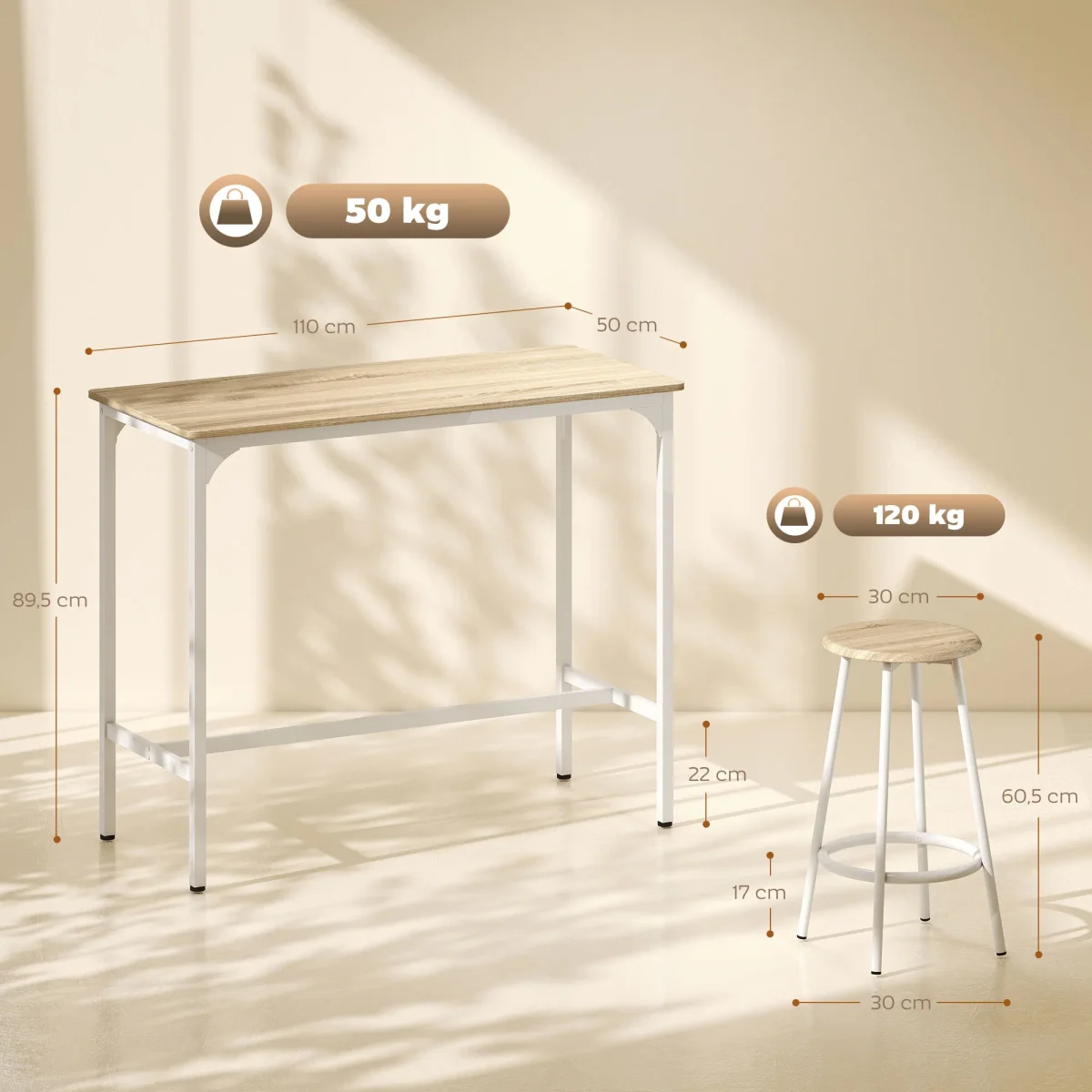 Conjunto de Móveis Altos Mesa e Cadeiras de Bar com 5 Peças Mesa de Refeição Industrial e 4 Bancos Redondos com Estrutura de Metal para Pub Sala de Jantar Madeira e Branco - Image 4