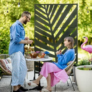 Biombo de 3 Peças Separador de Ambientes com Desenho de Folha de Bananeira Biombo para Exterior Jardim Varanda 122x45x198 cm Preto
