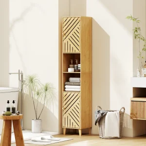 Coluna de Casa de Banho Estreita Armário de Casa de Banho Alto com Portas e Pés de Bambu Prateleiras Ajustáveis Compartimento Aberto 32x30x170 cm Madeira