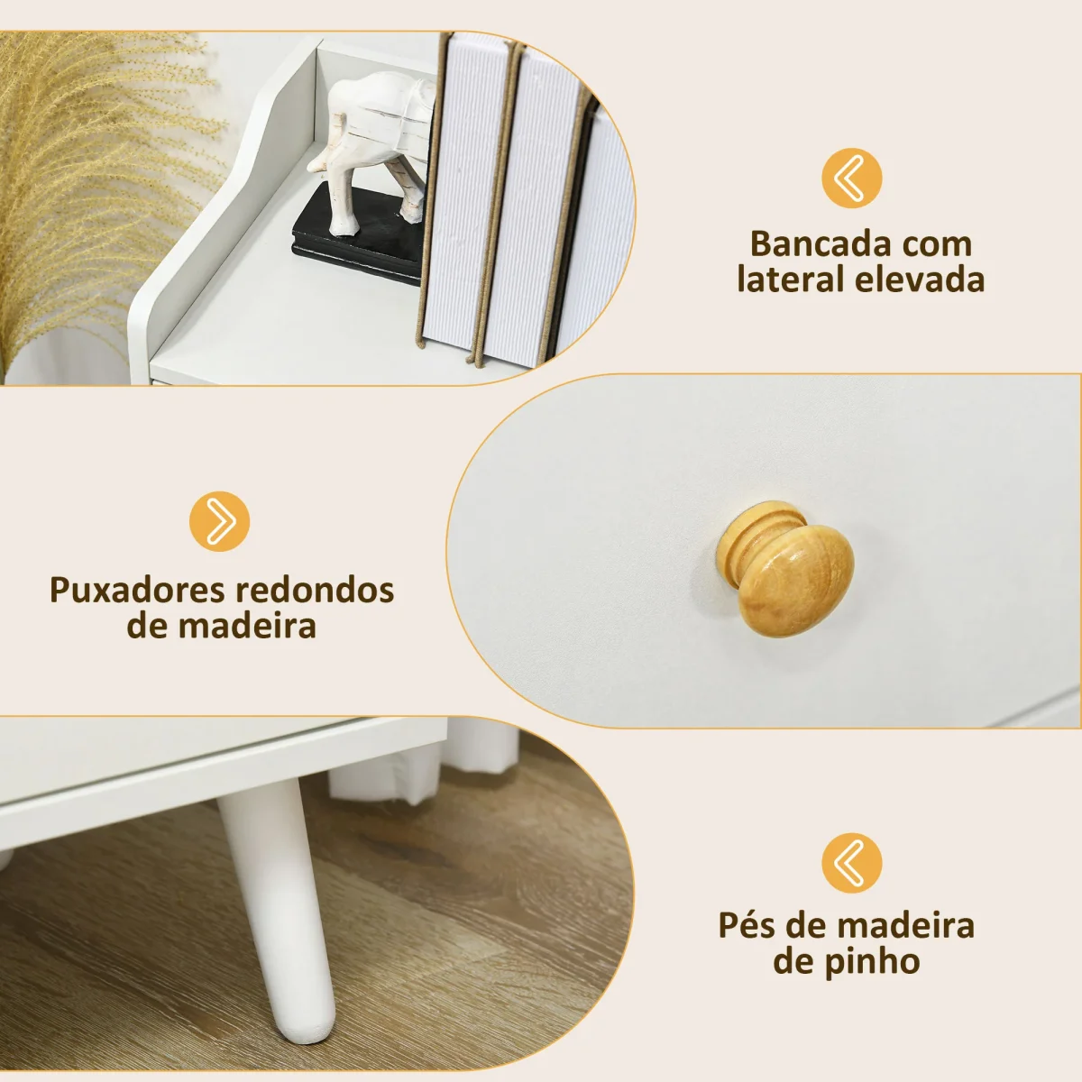 Aparador Sala de Estar Moderno Aparador de Cozinha com 2 Portas 3 Gavetas e Pés de Madeira de Pinho para Sala de Estar Corredor Dormitório 90x32x80 cm Branco - Image 7