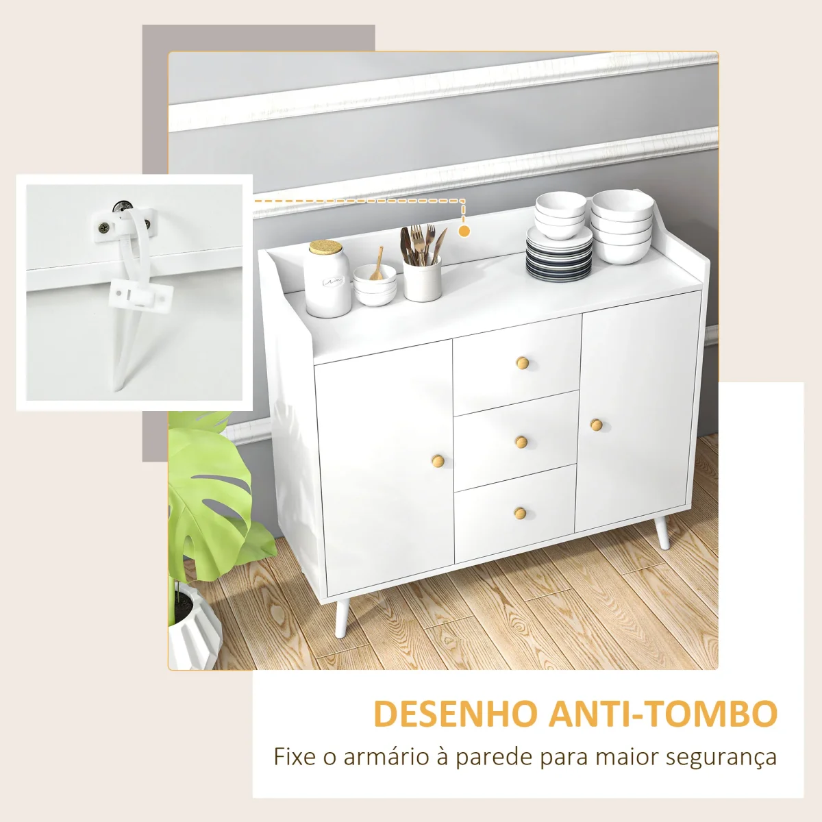 Aparador Sala de Estar Moderno Aparador de Cozinha com 2 Portas 3 Gavetas e Pés de Madeira de Pinho para Sala de Estar Corredor Dormitório 90x32x80 cm Branco - Image 6