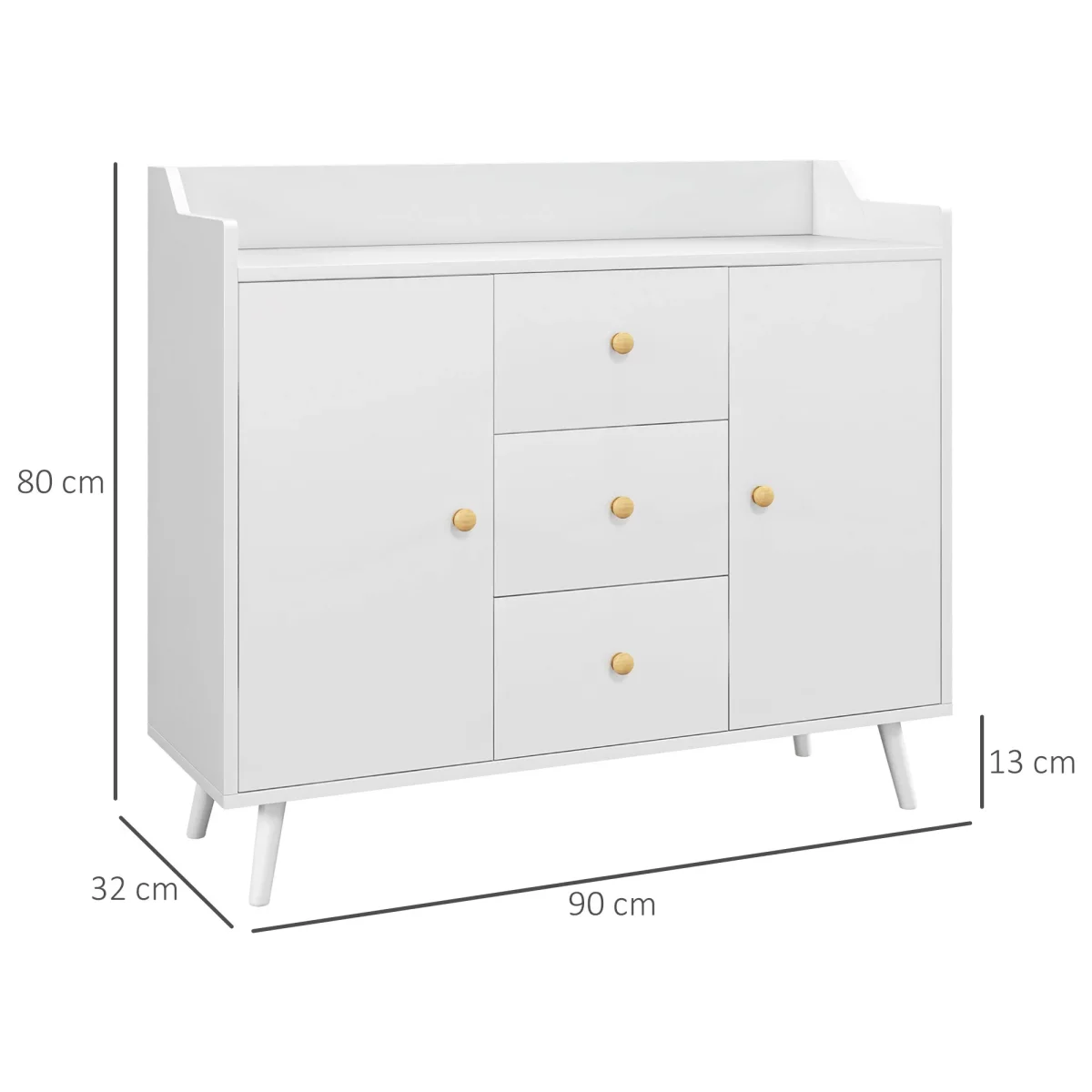 Aparador Sala de Estar Moderno Aparador de Cozinha com 2 Portas 3 Gavetas e Pés de Madeira de Pinho para Sala de Estar Corredor Dormitório 90x32x80 cm Branco - Image 4