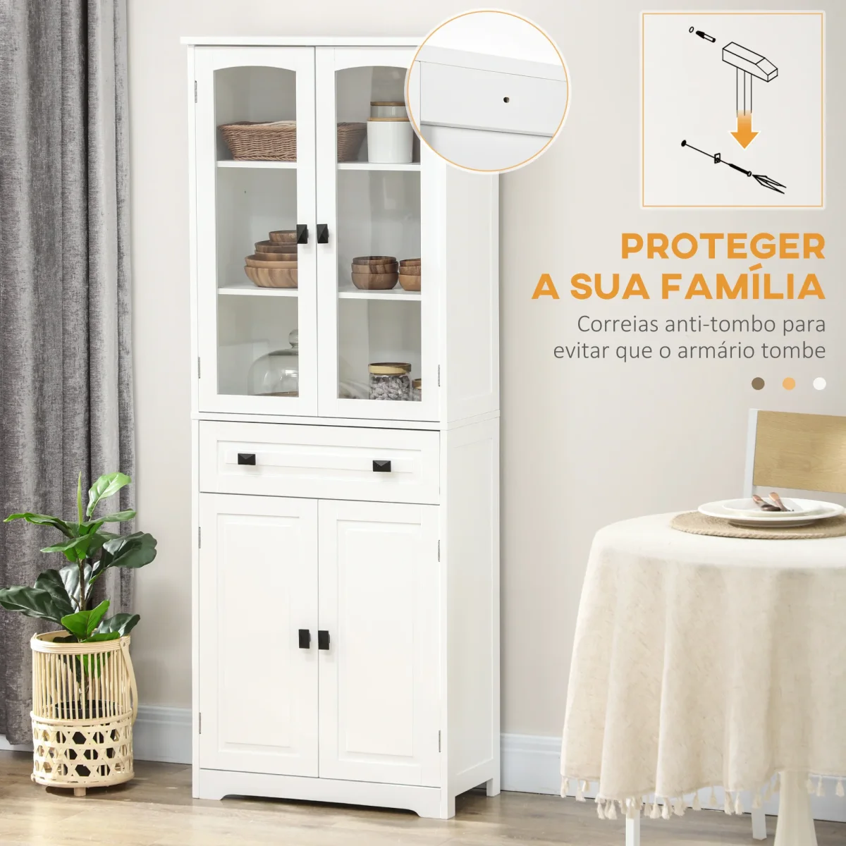 Armário de Cozinha Móvel Auxiliar de Cozinha com 4 Portas 1 Gaveta e 2 Prateleiras Ajustáveis para Sala de Jantar 60x30x160 cm Branco - Image 7