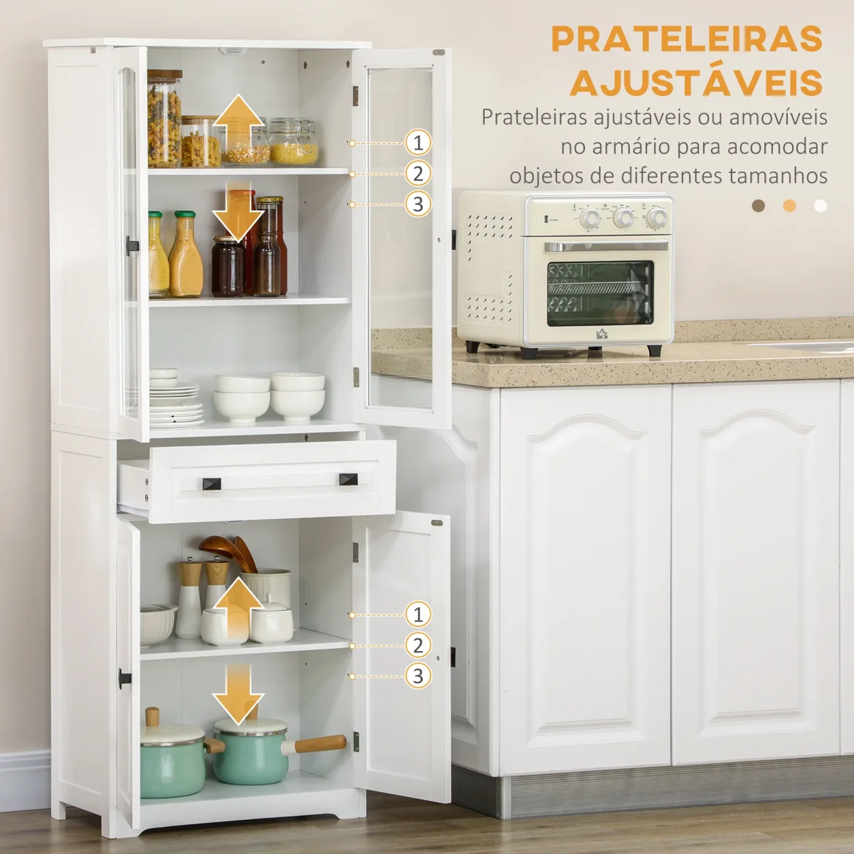 Armário de Cozinha Móvel Auxiliar de Cozinha com 4 Portas 1 Gaveta e 2 Prateleiras Ajustáveis para Sala de Jantar 60x30x160 cm Branco - Image 6