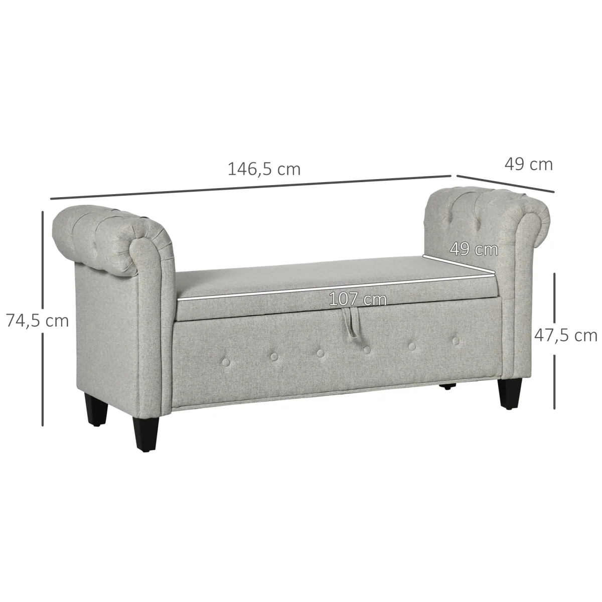 Banco de Pé de Cama Banco de Armazenamento de Linho com Dobradiças na Tampa Pés de Madeira e Apoio para os Braços para Dormitórios Sala de Estar Corredor Carga 150kg 146,5x49x74,5cm Cinza Claro - Image 4
