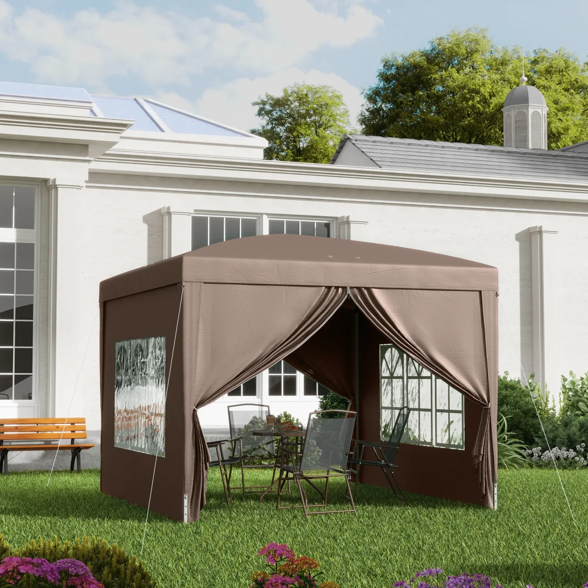 Tenda de Jardim com Paredes Laterais Amovíveis Janelas Porta com Fecho de Correr e Bolsa de Transporte 295x295x196-258 cm Café - Image 2