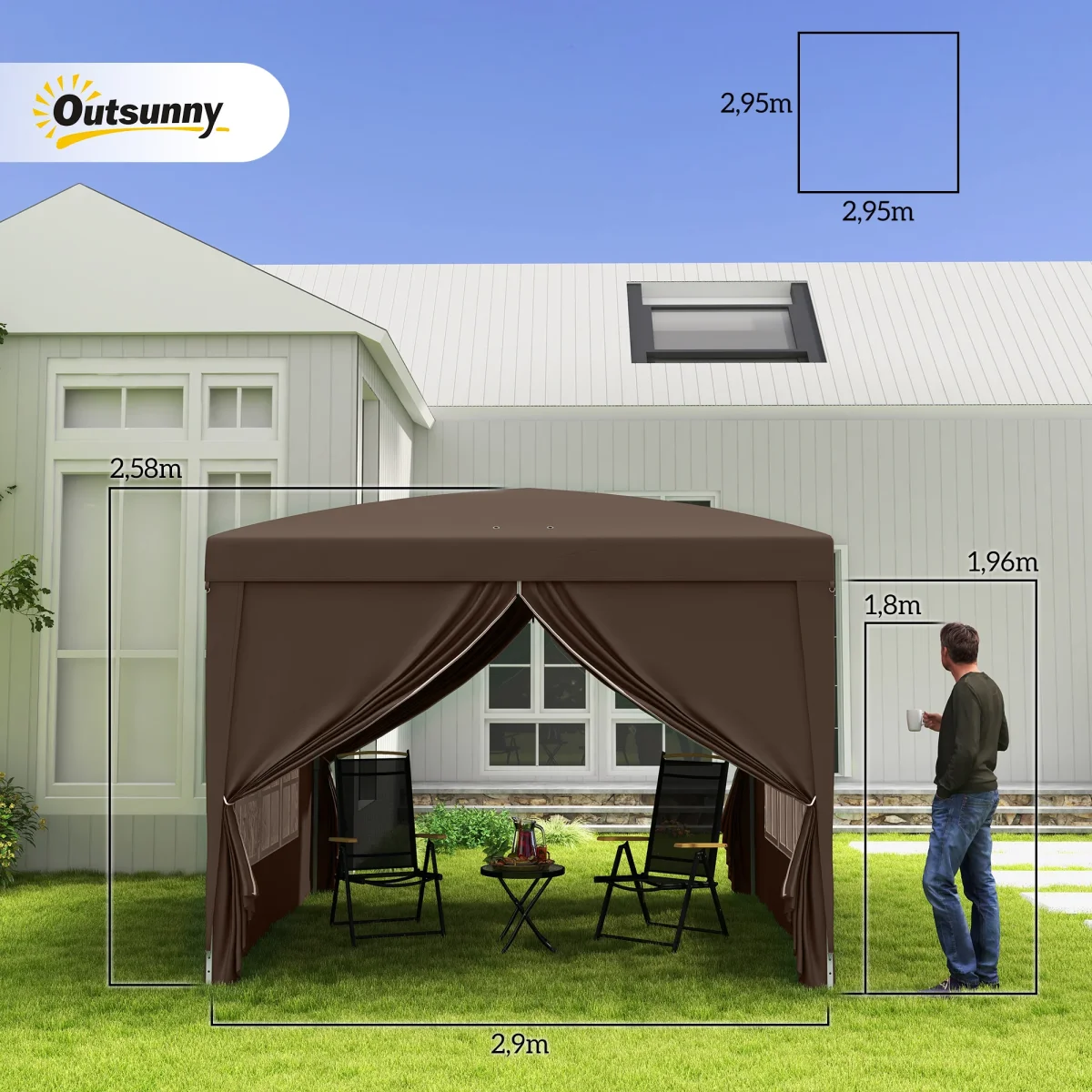 Tenda de Jardim com Paredes Laterais Amovíveis Janelas Porta com Fecho de Correr e Bolsa de Transporte 295x295x196-258 cm Café - Image 4