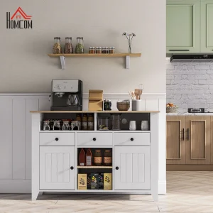 Aparador de Cozinha Mesa para Televisores de 50 Polegadas com 3 Gavetas 2 Armários 2 Prateleiras Abertas e 2 Prateleiras Ajustáveis Estilo Moderno 120x38x81,5 cm Branco