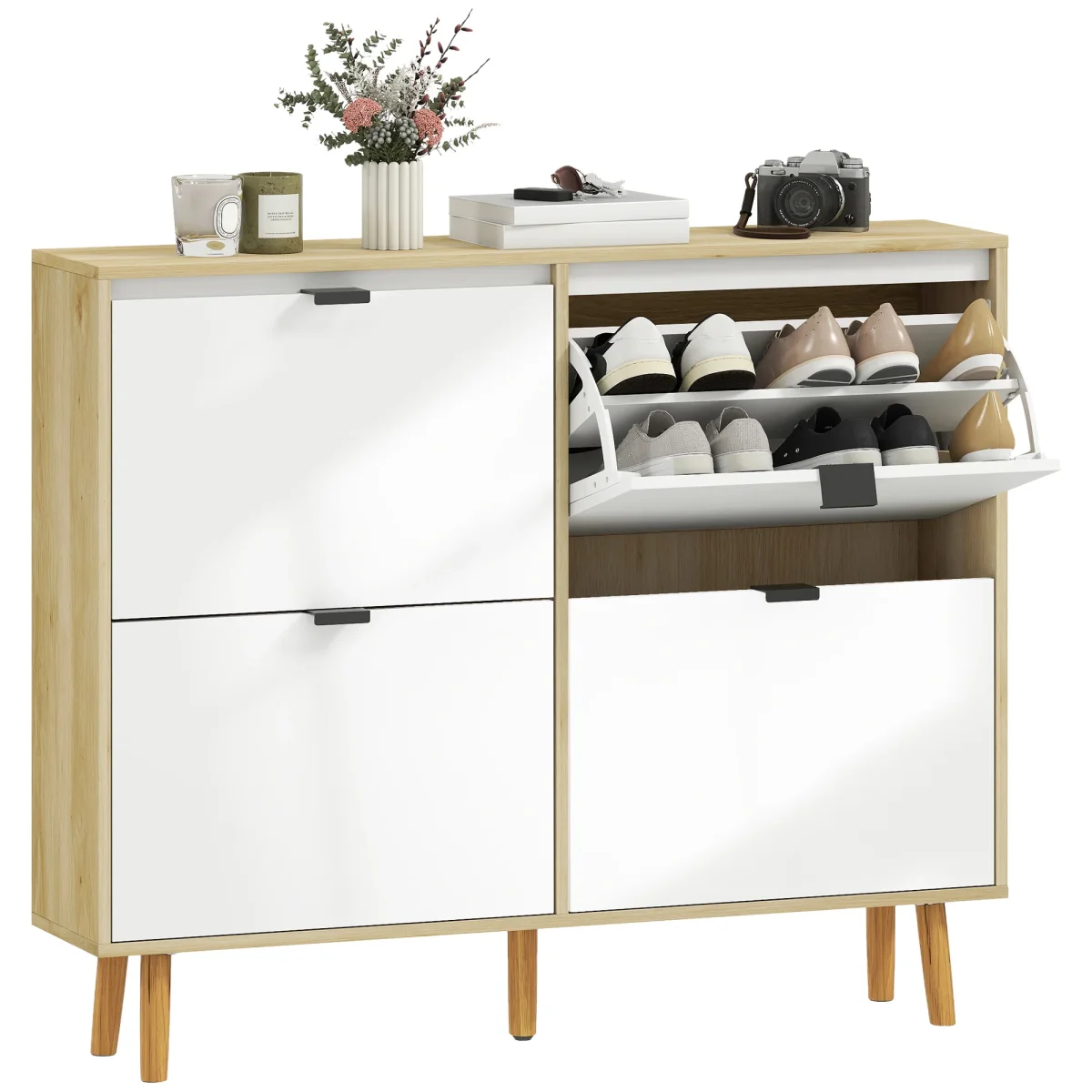 Sapateira Estreita com 4 Portas em Branco Brilho Sapateira de Entrada com Prateleiras Ajustáveis e Pernas de Madeira para 20 Pares de Sapatos 105x24x92,5 cm Branco - Image 3