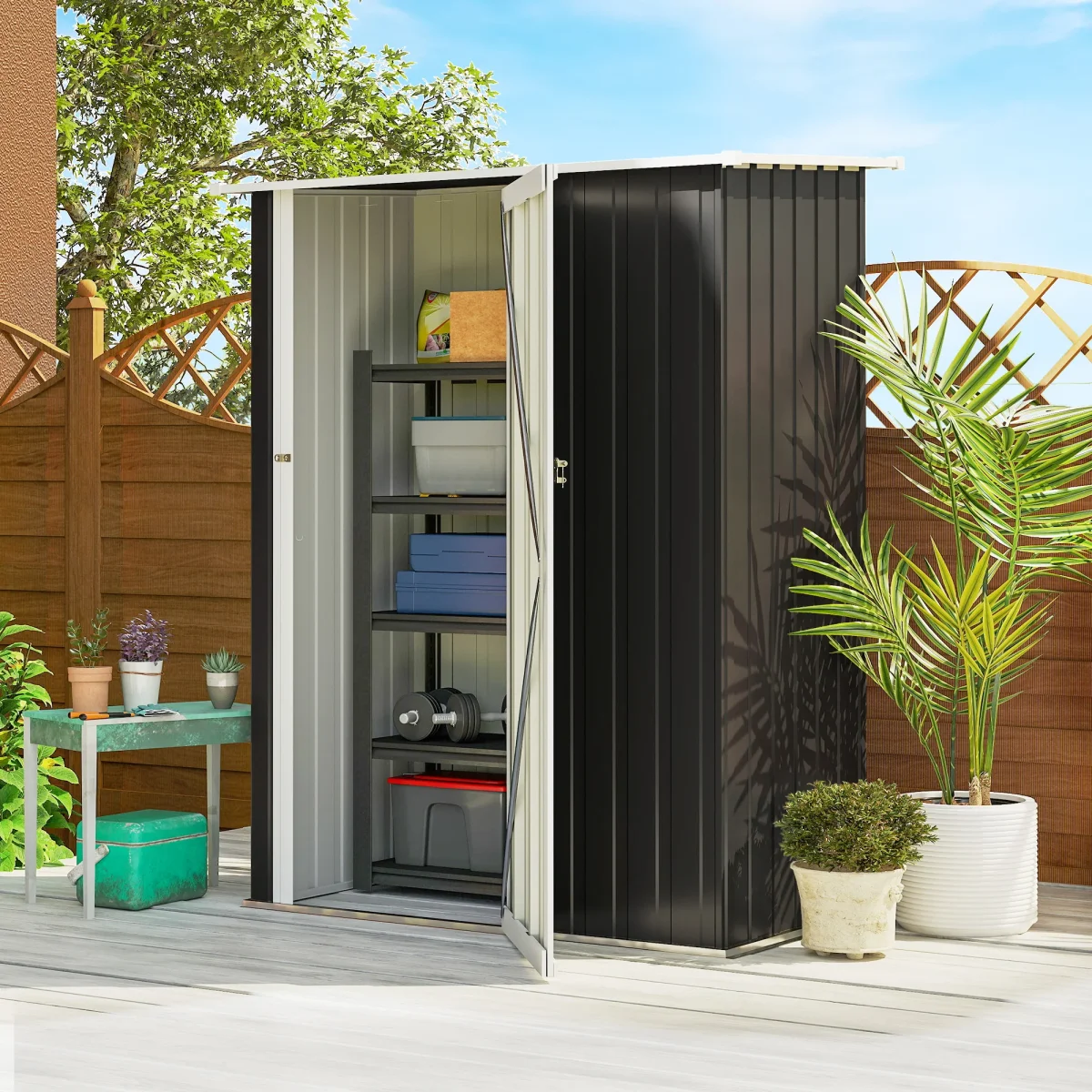 Abrigo de Jardim 1,07m² 142x84x189cm Abrigo de Jardim de Aço Galvanizado com Porta Fechadura e Orifícios de Drenagem para Armazenamento de Ferramentas Cinza - Image 2