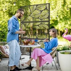 Biombo de Exterior Separador de Ambientes com 3 Peças com Padrão de Flores Grande e Estrutura de Aço Ecrã de Privacidade para Pátio Varanda Jardim 122x45x198 cm Preto