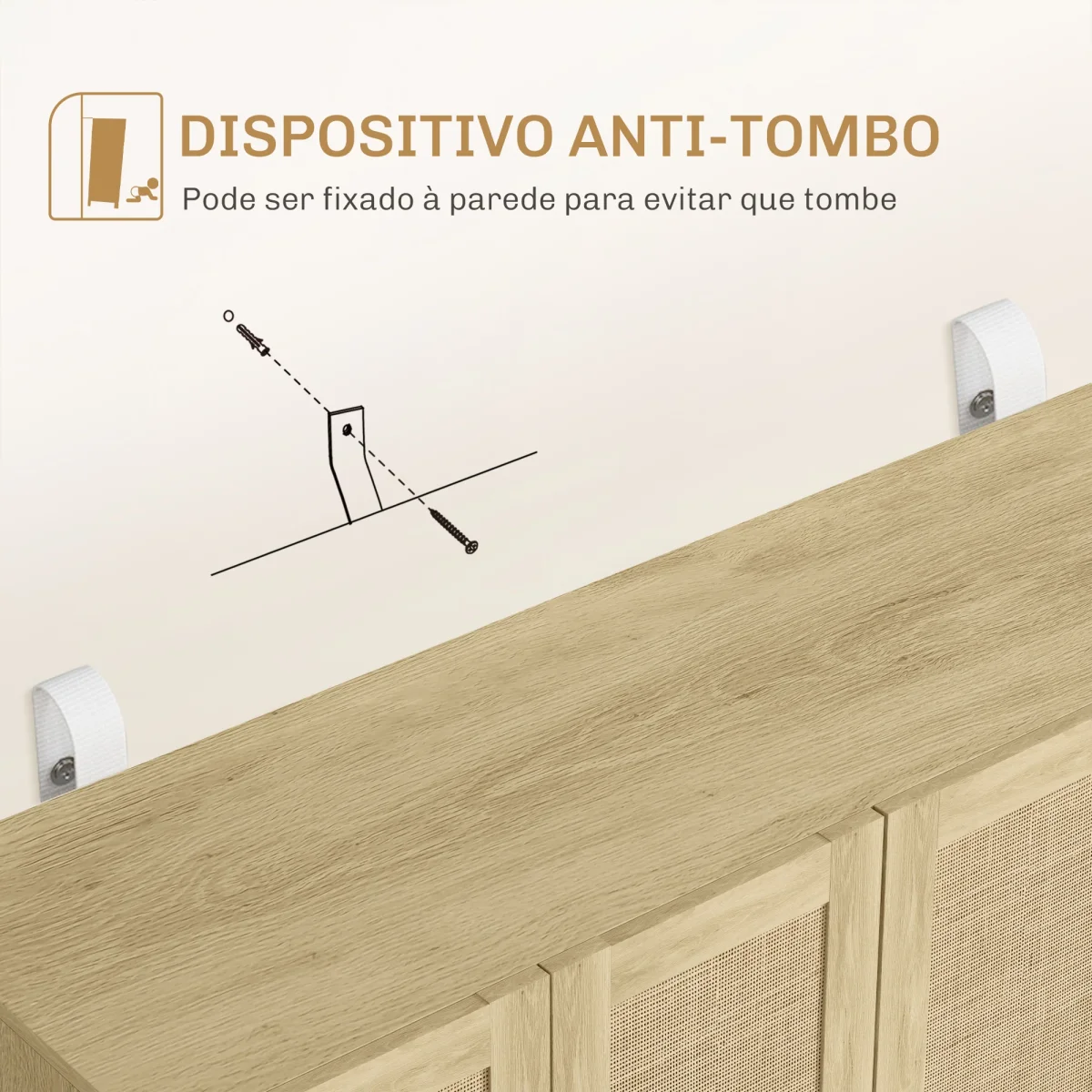 Aparador de Sala de Estar com 4 Portas com Rede em Vime e Prateleiras Ajustáveis Aparador para Cozinha Escritório Estúdio Quarto Estilo Nórdico Anti-Tombo 120x39,5x76 cm Madeira - Image 5